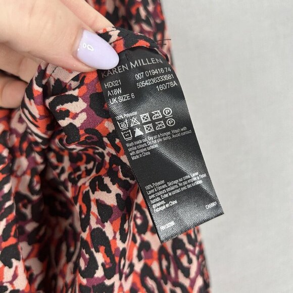 Karen Millen Womens Top 2 Red Leopard Button Blouse Cold Shoulder Bell Sleeve - Picture 7 of 13